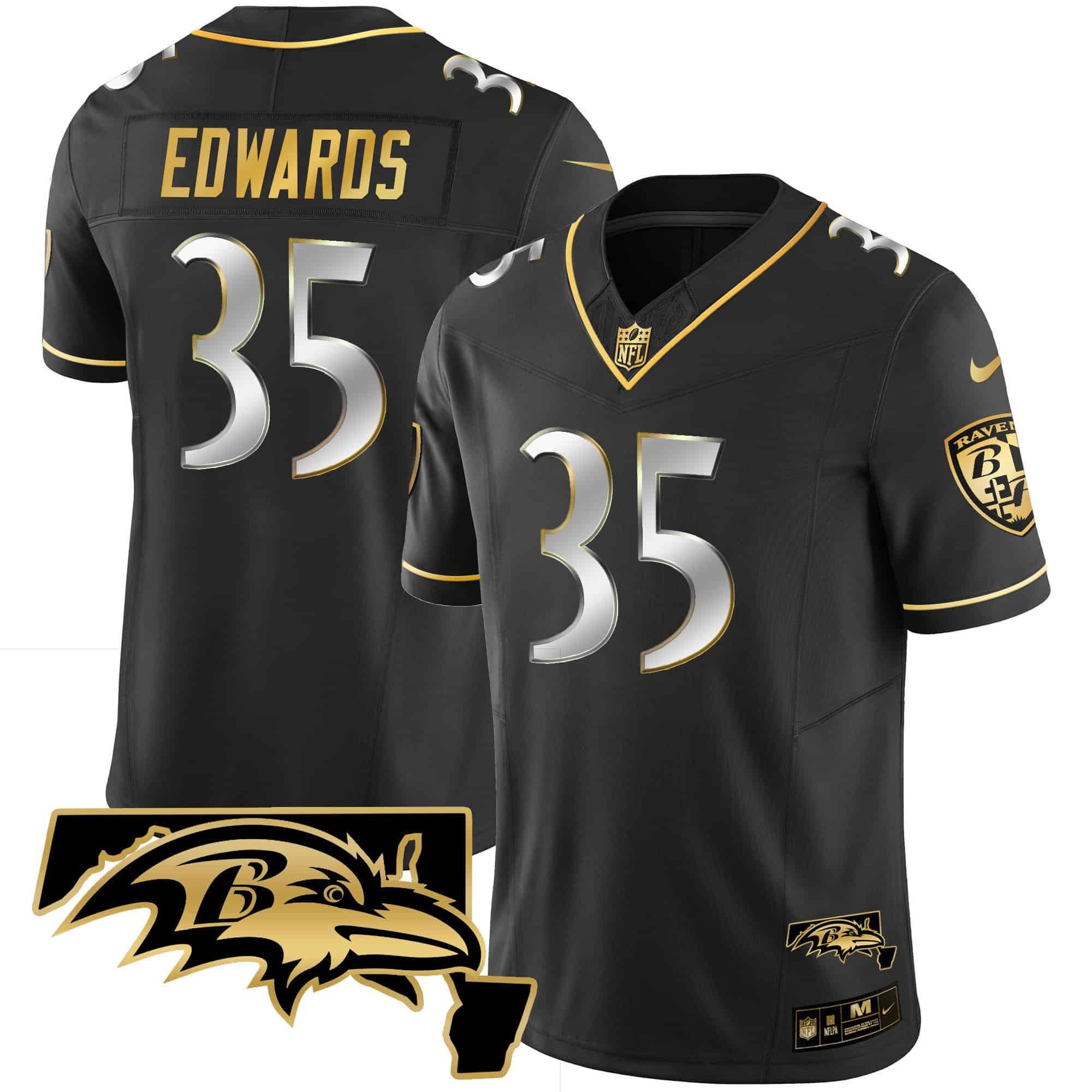 Men Baltimore Ravens #35 Edwards Black Gold 2024 Nike Maryland Patch Vapor Limited NFL Jersey style 1->indianapolis colts->NFL Jersey